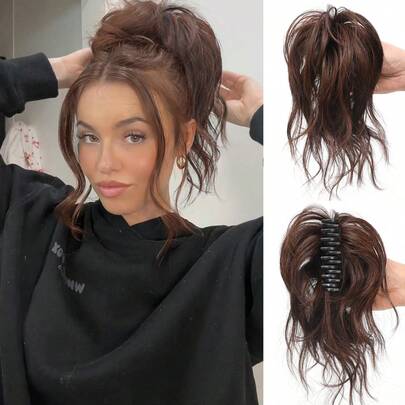 Messy Hair Bun Hair Piece Claw Clip Bun Hair Accessories For Women Brown Black Messy Wavy Curly Ponytail Extensions Short Tousled Updo Synthetic Hair Bun Ponytail Extension Daily Wear 1pc