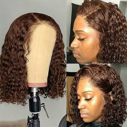 ZHUICHAO 180% Density Kinky Curly 5x5 Transparent Lace Front Bob Wigs Pre Plucked Pre Bleached Knots Deep Curly Glueless Pre Cut 5X5 HD Lace Frontal Wig Wear And Go Heat Resistant Fiber Synthetic Mixed Human Blended Wig For Women With Baby Hair Chocolate Brown Color Pre-Cut Lace Is Available For 5x5 Wigs