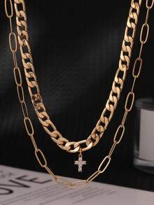 2pcs Cross Copper Inlaid Cubic Zirconia Hiphop Chain Necklace, Exaggerated Thick Chain Layered Safety Pin Necklace Set - Yellow Gold - View 1