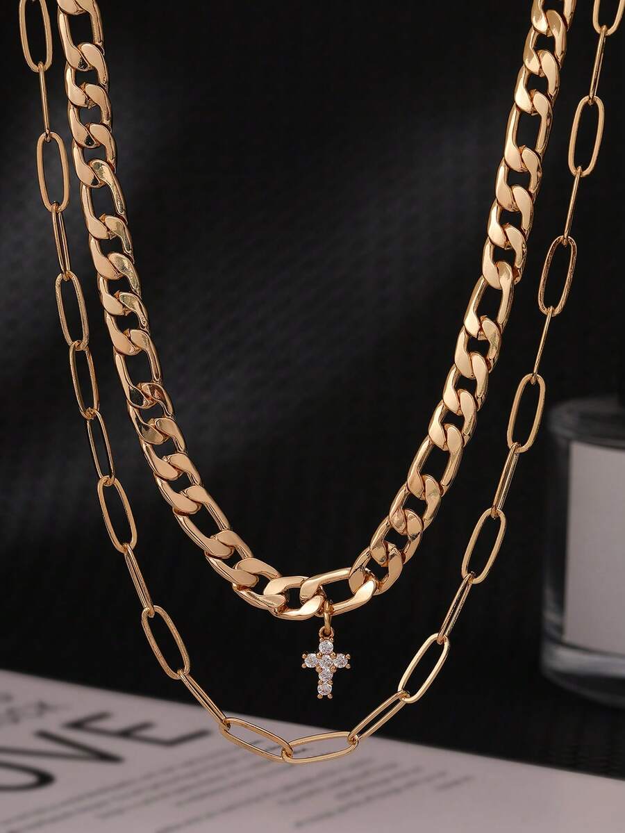 2pcs Cross Copper Inlaid Cubic Zirconia Hiphop Chain Necklace, Exaggerated Thick Chain Layered Safety Pin Necklace Set - Yellow Gold - View 1
