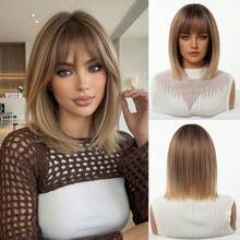 Fashionable Ombre Caramel Blonde Layered Bobo Wig With Bangs, Natural Looking Synthetic Wig For Women - Multicolor - View 12