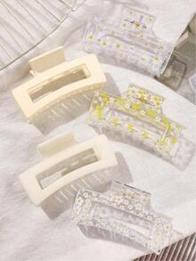 5个ABS材质黄色雏菊UV印花发夹，哑光透明方形优雅发夹套装，简约高端波西米亚风派对头饰发饰，时尚女士发夹 - 彩色 - 查看 2