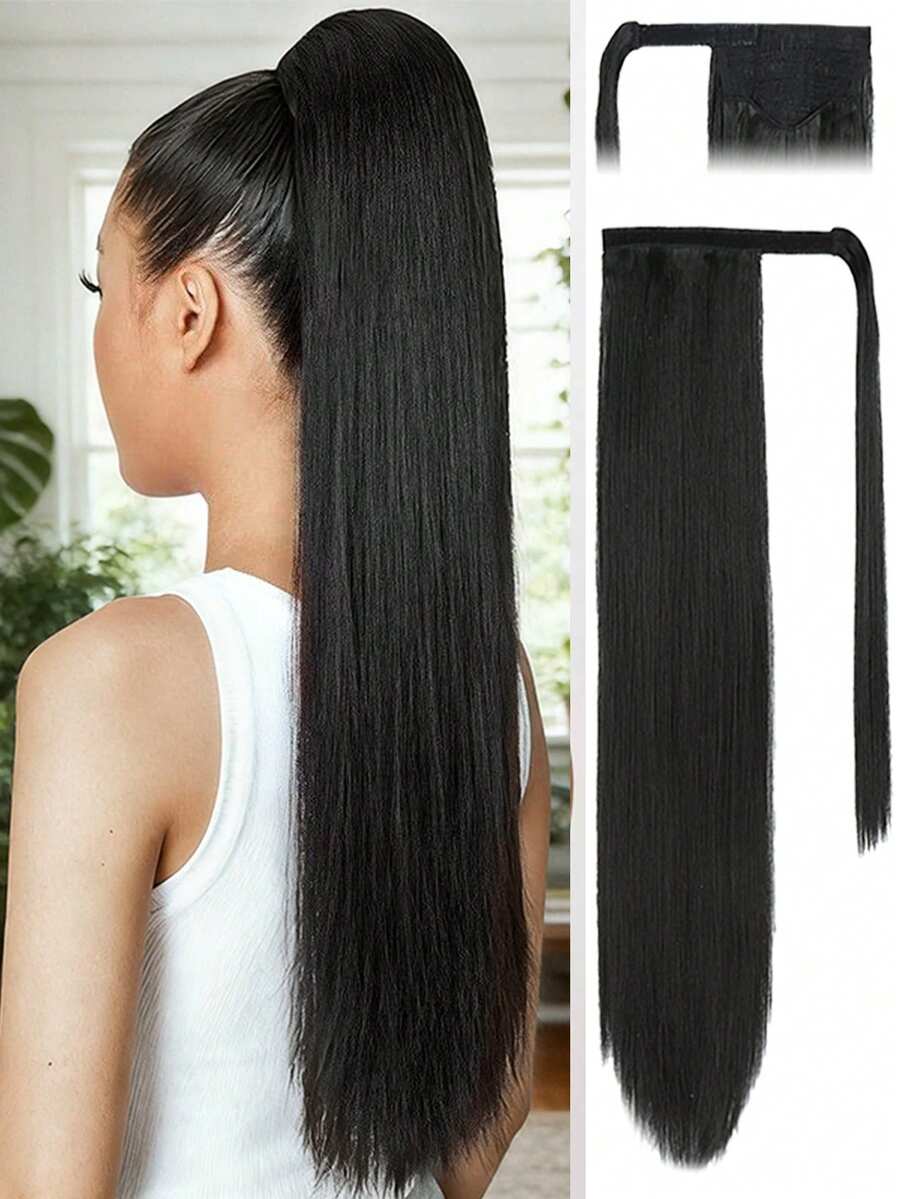 环绕式夹式马尾接发，28英寸长直发，耐热合成纤维，女士适用 - 彩色 - 查看 1