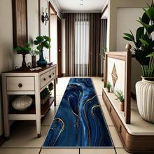 1pc Gold Rhinestone Velvet Ocean Pattern Long Mat - Non-Slip, Washable, Blue & Gold Abstract Design, Fashionable Runner Mat For Corridor, Meeting Room And Laundry Area, Large Area Rug Bathroom Decor - Navy Blue - View 1