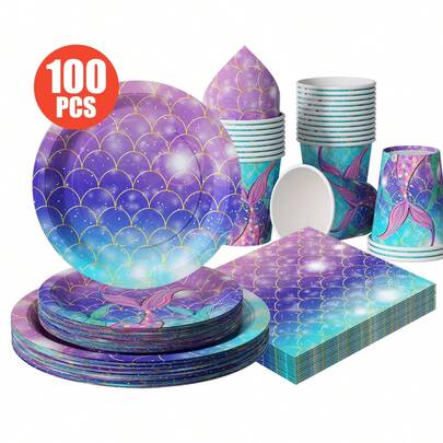 Mermaid Scales Disposable Plates, Napkins, Cups - One-Time Party Set For 25 Guests, Disposable Paper Plates Suitable For Birthday, Wedding, Theme Party, Family Picnic
