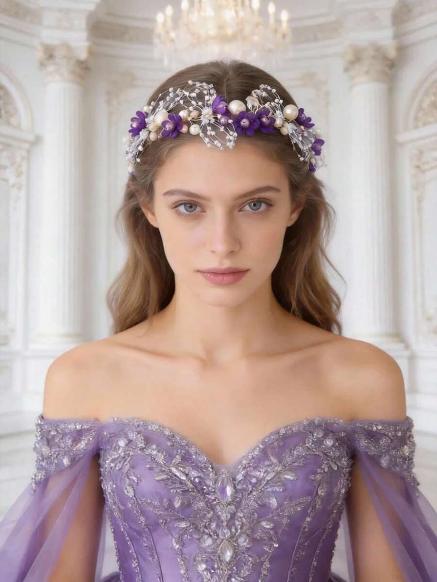 3pcs Women Elegant Pearl Flower Headband, Earrings & Bracelet Set, Green Nature-Inspired Spring Headpiece, Magenta Princess Tulle Dress Accessories, Wedding Bridal Jewelry - Purple - View 1