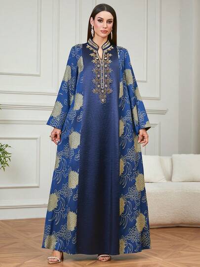 优雅女士斋月时尚精致随机提花印花拼接串珠刺绣长款长袍，适合开斋节庆祝活动、日常居家穿着。