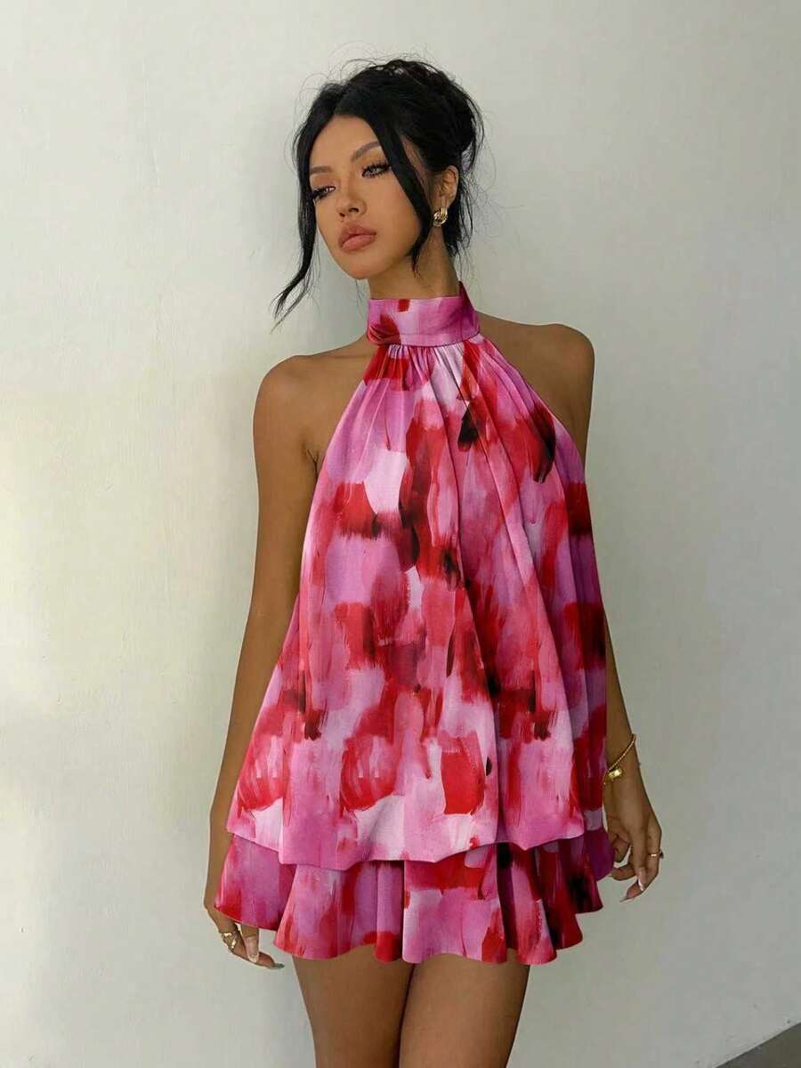 Valentine Outfits For Women Sweet Vacation Slim Sexy Backless Halter Waist-Cinching Top Puffy Short Skirt Dress For Women - 玫紅色 - 查看 1