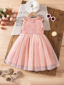 Girls Summer Fashion Glamorous Sequin Patchwork Sequins Tulle Tutu Dress Cute Bow Sweet Round Neck Sleeveless Party Dress - Coral Pink - View 3