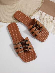 Women's Flat Slide Sandals, Open Toe Fashion Casual Comfortable Slip On Beach Slippers - Brown - View 7