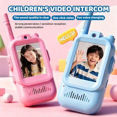 全新可充电儿童可视对讲机。视频会议模拟生活玩具，互动式教育玩具。套装包含粉色和蓝色两款对讲机。无需插卡或流量套餐。传输距离远。内置650mAh电池。适合室内外亲子互动。是馈赠亲友和节日礼物的绝佳选择。