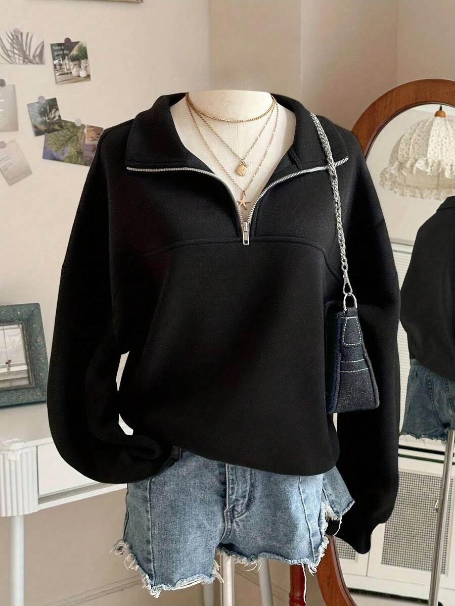 Women's Solid Color Drop Shoulder Long Sleeve Zip-Up Half Placket Casual Hoodie,Summer/Spring - 黑色 - 查看 1
