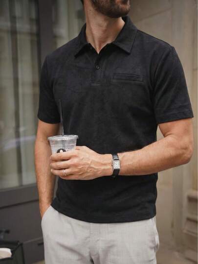 LOOKUN 纯色复古风男士 Polo 衫，时尚优雅商务休闲度假宽松版型纽扣半开襟翻领上衣，春夏款