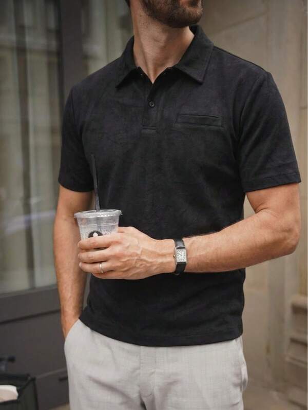 LOOKUN Solid Color Vintage Style Men's Polo Shirt, Fashionable Elegant Business Casual Holiday Loose Fit Buttoned Half-Placket Collared Top, Spring/Summer