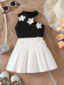 Baby Girl Fashionable Casual Cute Set, 3D Flower Half Shoulder Stylish Camisole + Pleated Mini Skirt - Black - View 1