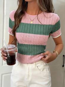 Just Masa Women Summer Casual Elegant Knit Top, Striped Contrast Color Textured Round Neck Short Sleeve Stretchy Fitted Minimalist Cute Lady Pullover Sweater, Suitable For Beach, Travel, Commute, Date, Daily Wear - Pink and Green Stripes - View 4