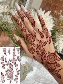 4pcs Full-Hand Floral Henna Tattoo Stickers, Brownish-Red Finger And Toe Tattoo Stickers, Women's Floral Henna Tattoo Stickers, Waterproof Reddish-Brown Body Art Tattoo Stickers, Body Makeup Art Tattoo Stickers, Red Tattoo Stickers Specially For Weddings And Parties. - Red - View 2