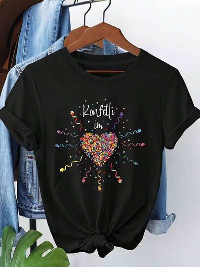 Colorful Heart-Shaped German Text Print T-Shirt, Party Theme. Creates A Joyful Atmosphere With Vibrant Colors, Regular Fit, Comfortable Fabric, Very Suitable For Casual Daily Wear. Valentine's Day Women's Clothing, Valentine's Day