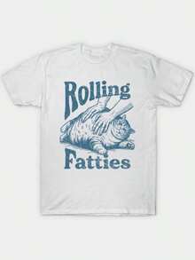 Rolling Fatties Funny Cat Parody T-Shirt | Retro Rock Band Meme Graphic Tee | Unisex Cat Lover & Music Fan Apparel,ROLLING FATTIES REAL T-Shirt,Funny T Shirt,Unisex T-Shirt - 白色 - 查看 1