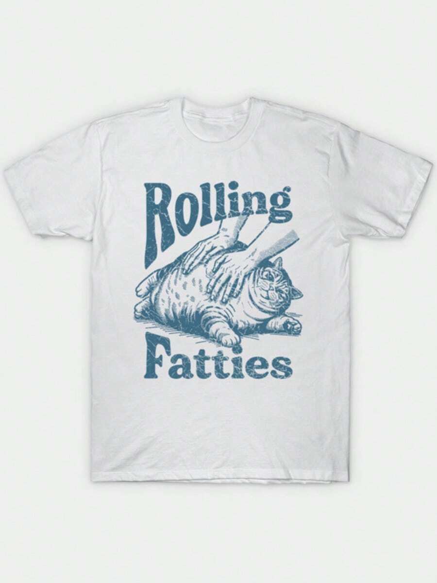 Rolling Fatties Funny Cat Parody T-Shirt | Retro Rock Band Meme Graphic Tee | Unisex Cat Lover & Music Fan Apparel,ROLLING FATTIES REAL T-Shirt,Funny T Shirt,Unisex T-Shirt - 白色 - 查看 1