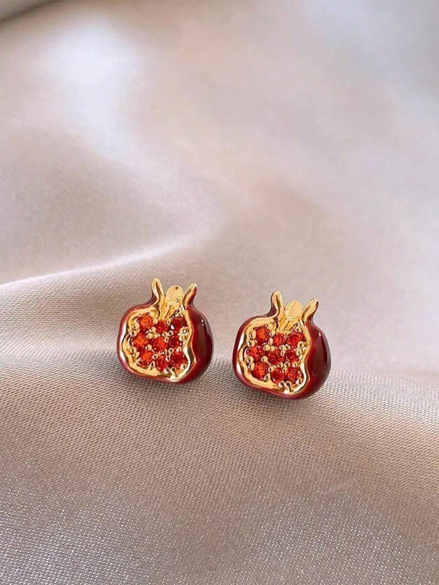 1 Pair Rhinestone Embellished Minimalist Cute Red Pomegranate Fruit Stud Earrings, Elegant Jewelry For Women