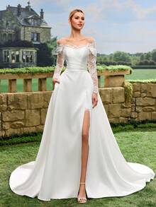 Satin Lace Trim Mermaid Wedding Dress, White Bridal Gown For Church Wedding, Intimate Wedding - White - View 6