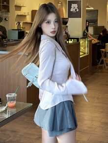 女士缎面领条纹修身长袖衬衫，甜美性感风 - 粉色 - 查看 3