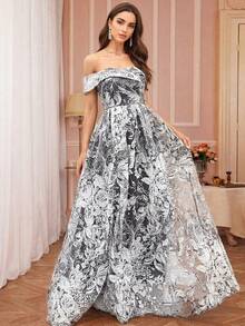 Women's Elegant Off-Shoulder Sheer A-Line Maxi Party Dress, White Floral Print - Grey - View 1