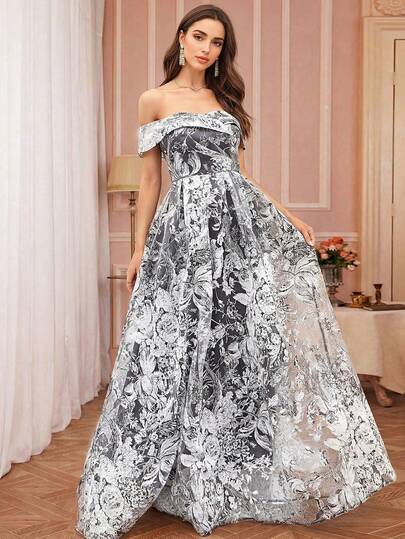 女士优雅露肩透视A字长款派对连衣裙，白色花卉印花