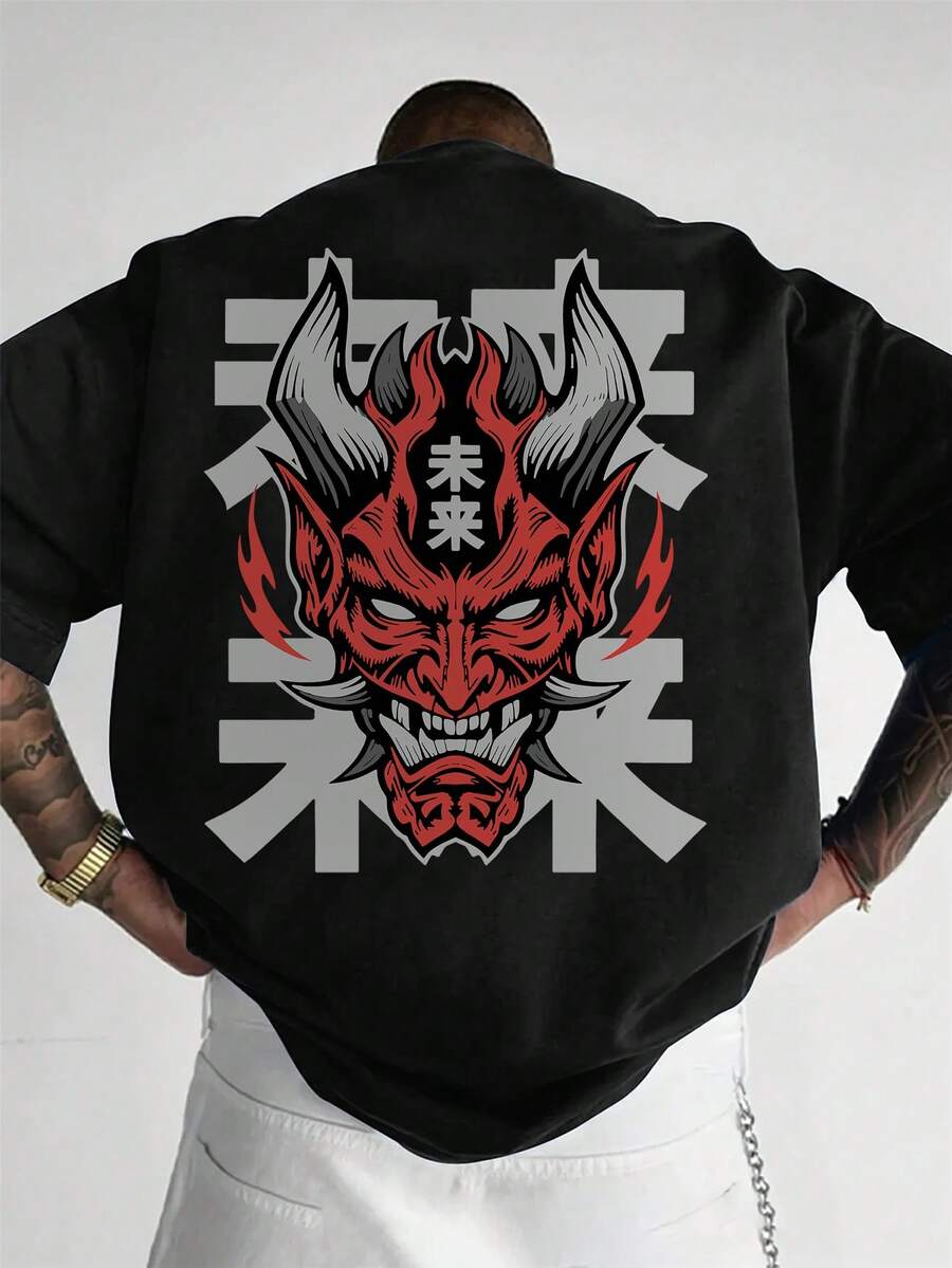 男士时尚骷髅印花圆领短袖T恤，夏季 - 黑色 - 查看 1