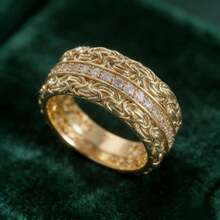 Luxury Wide Copper Ring With Synthetic White Cubic Zirconia Stones, For Women's Engagement And Wedding Jewelry - Gold - View 1
