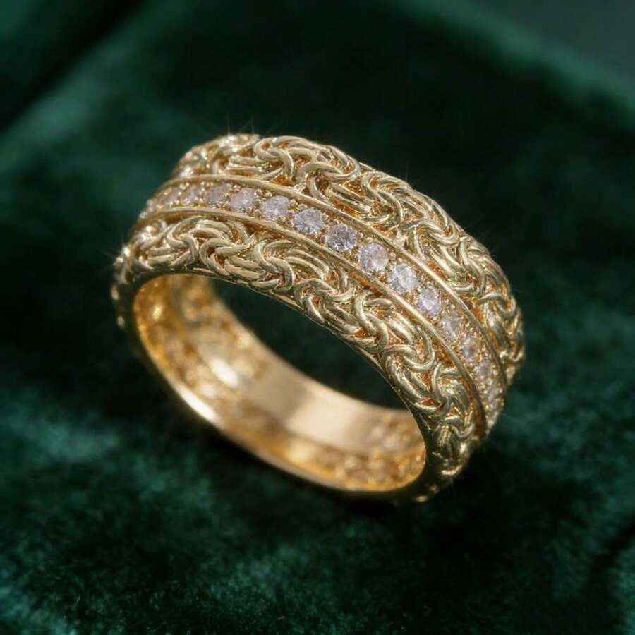 Luxury Wide Copper Ring With Synthetic White Cubic Zirconia Stones, For Women's Engagement And Wedding Jewelry - Gold - View 1