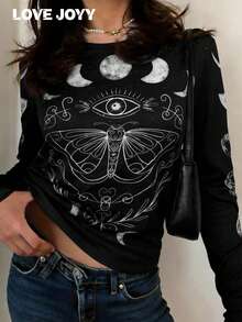 LOVE JOYY Women's Mysterious Moon Phase Moth Print Crew Neck Long Sleeve T-Shirt, Black Top Suitable For Casual Wear And Holidays In Spring - Multicolor - View 1