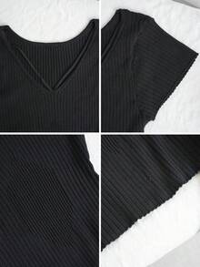 Novo top de malha de cor sólida, versátil, com modelagem slim fit, cintura marcada e mangas curtas, preto, para primavera/verão. - Preto - Ver 9