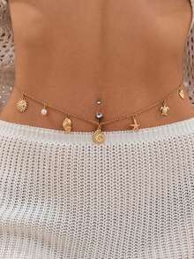 1 pieza Cadena de cintura de metal con estilo oceánico de moda, con colgantes de concha, caracol, estrella de mar, tortuga y sol, accesorio casual de vacaciones para mujer - Dorado - Ver 2