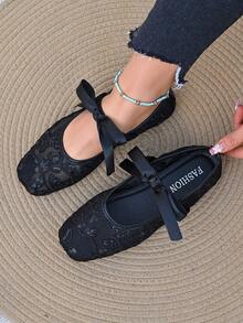 Giày búp bê đế bằng cỡ lớn dành cho nữ, kiểu dáng thời trang, thoải mái, có nơ trang trí, màu trơn, thoáng khí, chất liệu lưới phối hợp, thích hợp cho tiệc tùng, họp mặt, lễ Phục sinh, Ngày Quốc tế Phụ nữ. - màu đen - Xem 2