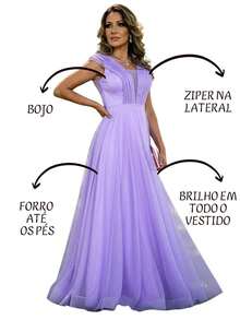 Grife Velasco Elegant Long Wedding/Party Dress With Ruffles, Glitter, And Short Sleeves, For Bridesmaids And Graduation. - Lilac - View 3