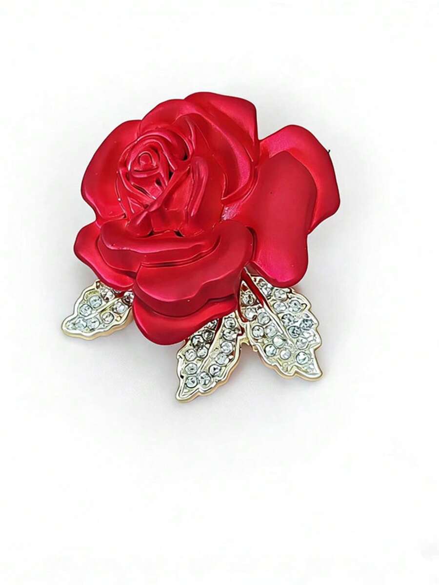1pc Elegant Women's Red Rose Brooch, Delicate Small Rhinestone Flower Brooch, Coat/Clothing Accessory, Valentine's Day Gift, Gift For Girlfriend - Red - View 1