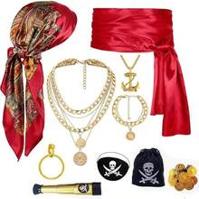海盗主题服装配饰套装，适用于化装舞会角色扮演，包括头带、腰带、项链、闪亮涤纶材质的嘉年华派对节日装饰品 - 彩色 - 查看 1