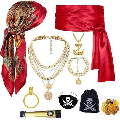 海盗主题服装配饰套装，适用于化装舞会角色扮演，包括头带、腰带、项链、闪亮涤纶材质的嘉年华派对节日装饰品