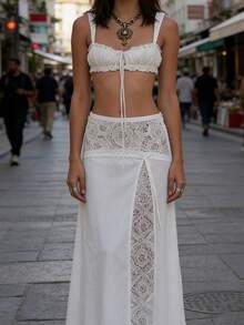 Women 2 Piece Cover Up Set Tie-Up Cami Tops And Patchwork Lace Low Rise Long Skirt For Beach Party - White - View 1