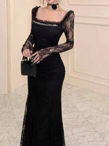 女士时尚新款优雅蕾丝美人鱼黑色连衣裙，春夏复古别致修身纯色中长款派对生日正式晚礼服，情人节婚礼 - 黑色 - 查看 3