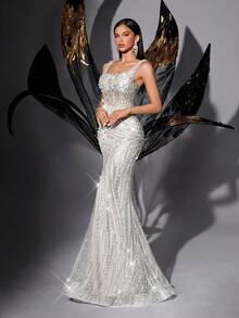 Sparkling Sequin Sleeveless Mermaid Evening Gown Party - White - View 4