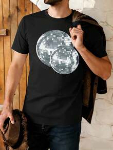 Camiseta negra con estampado gráfico de bola de discoteca, 100 % algodón, corte holgado, transpirable, estilo hip-hop callejero, estampado gráfico único. - Negro - Ver 1