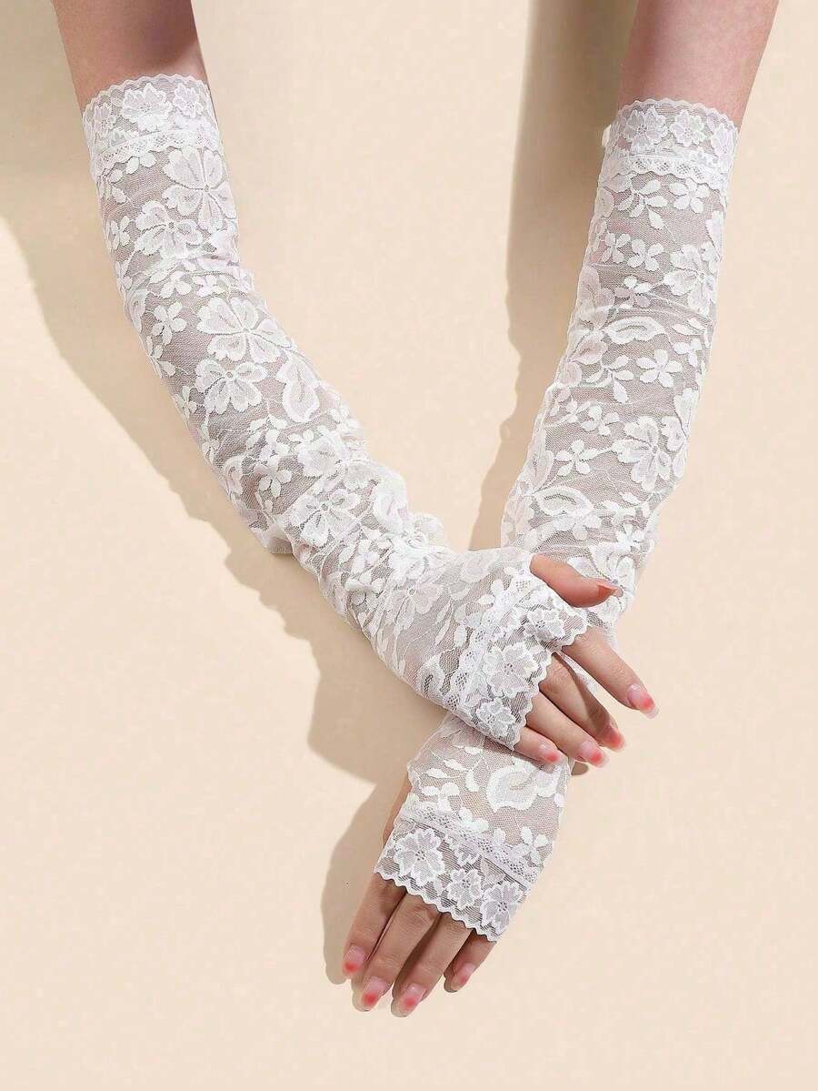 1pc Women's Summer Lace Chiffon Sleeve Cover, Sheer Breathable Arm Sleeves, Fashion Outdoor Arm Warmer - White - View 1