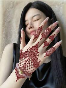 2pcs Henna Style Floral Design Temporary Tattoo Stickers, Waterproof & Sweatproof, Vivid Colors, Fashionable One-Time Temporary Tattoos, Washable, Suitable For Women, Lasts 5-7 Days, Perfect For Parties - Burgundy - View 3