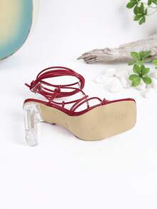 女士方头交叉绑带水晶装饰高跟凉鞋 - 紅色 - 查看 4