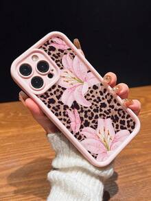Cute Pink Lily Flower & Leopard Print Matte Anti-Drop Phone Case Compatible With IPhone 11, 12, 13, 14, 15, 16, 13 Pro Max, 16 Plus, 17 Pro Max, Scratch Resistant,Fashionable Valentine's Day Gifts,Summer Flower - 粉色 - 查看 2