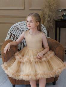 2件套女童串珠薄纱网纱派对礼服，优雅公主裙，花童礼服，适合特殊场合、正式活动、化装舞会、生日派对等。 - 杏色 - 查看 4