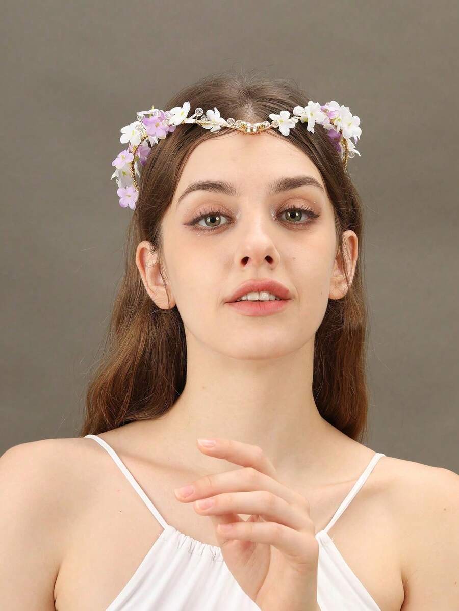 1件浪漫薰衣草仙女头饰，波西米亚绿叶水晶发饰，适合女性、派对、婚礼、新娘佩戴 - 彩色 - 查看 1